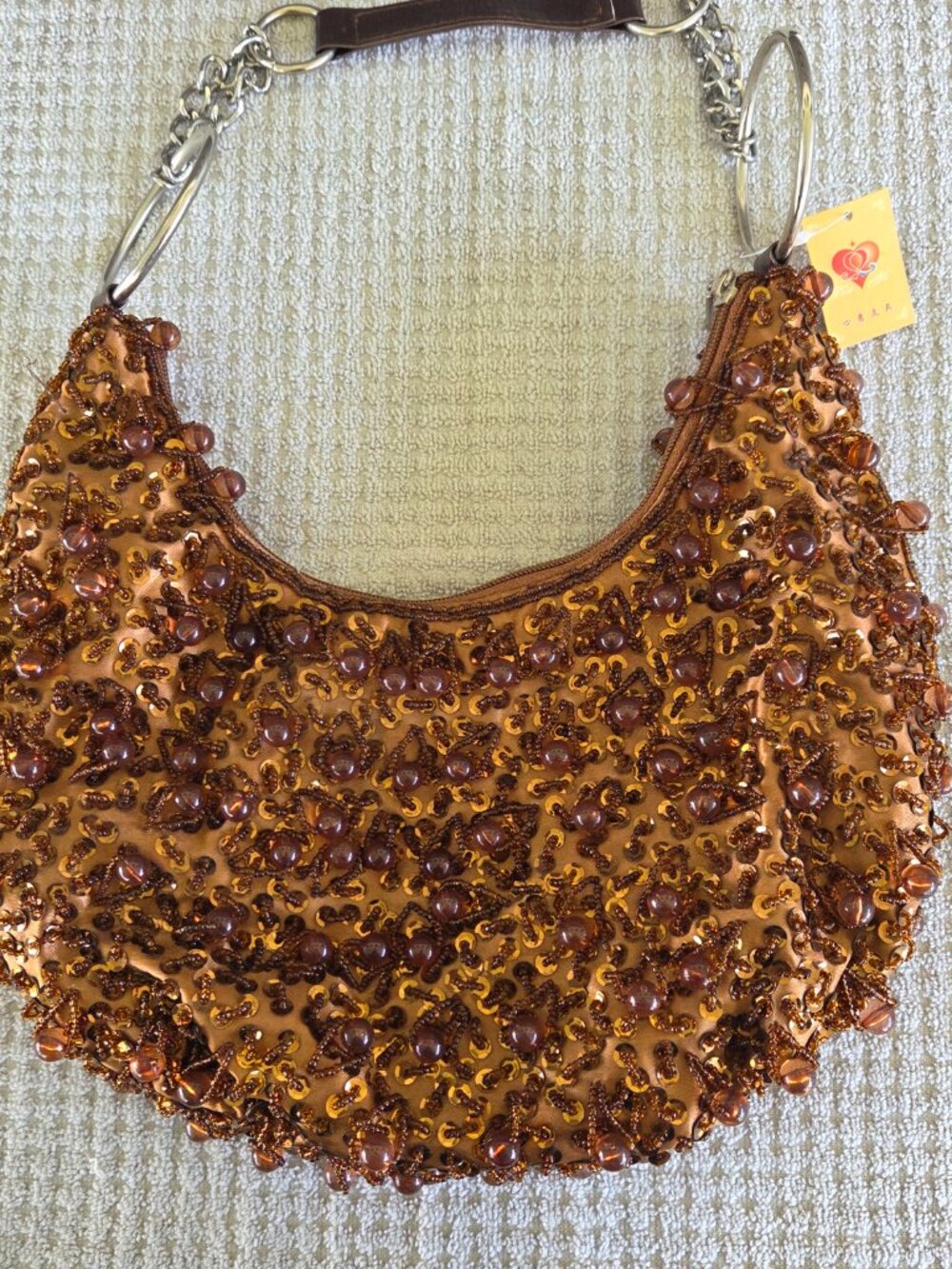 Kim Yi Beaded Purse Bag Brown Copper Color, Chain and Leather Handle 13" NWT